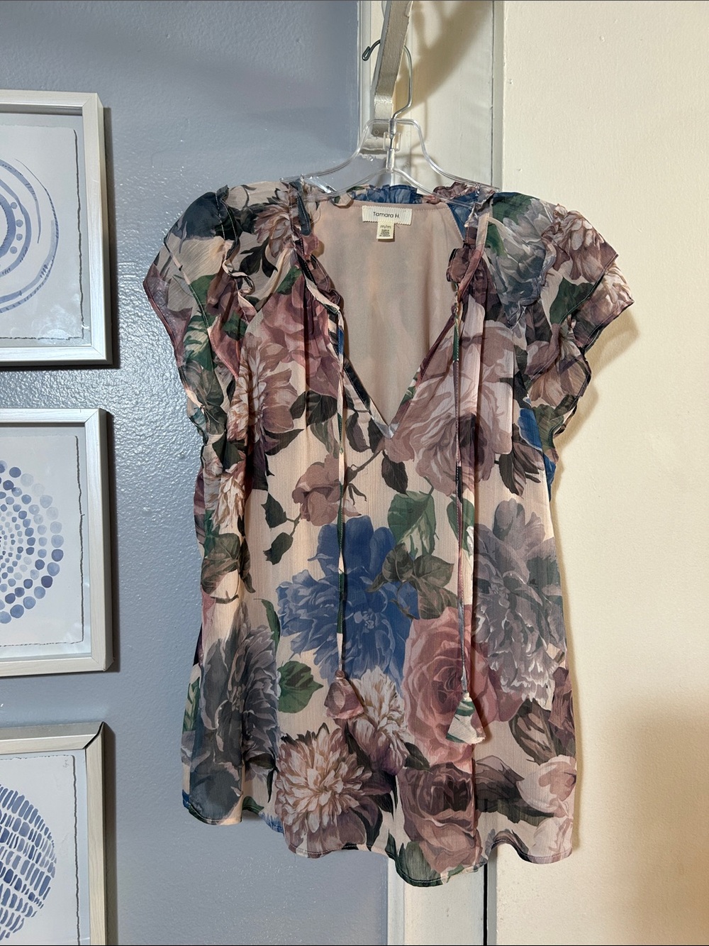 Tamara H Pink Women’s Floral Ruffle Sleeve Chiffon Blouse Size M